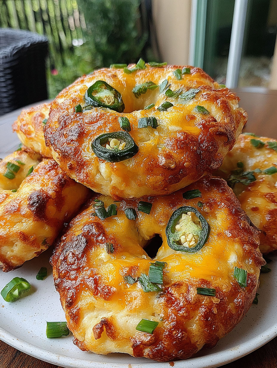 A stack of jalapeno cheddar yogurt bagels.