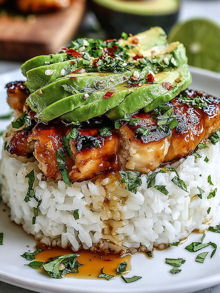A plate of food with rice, chicken, and avocado.