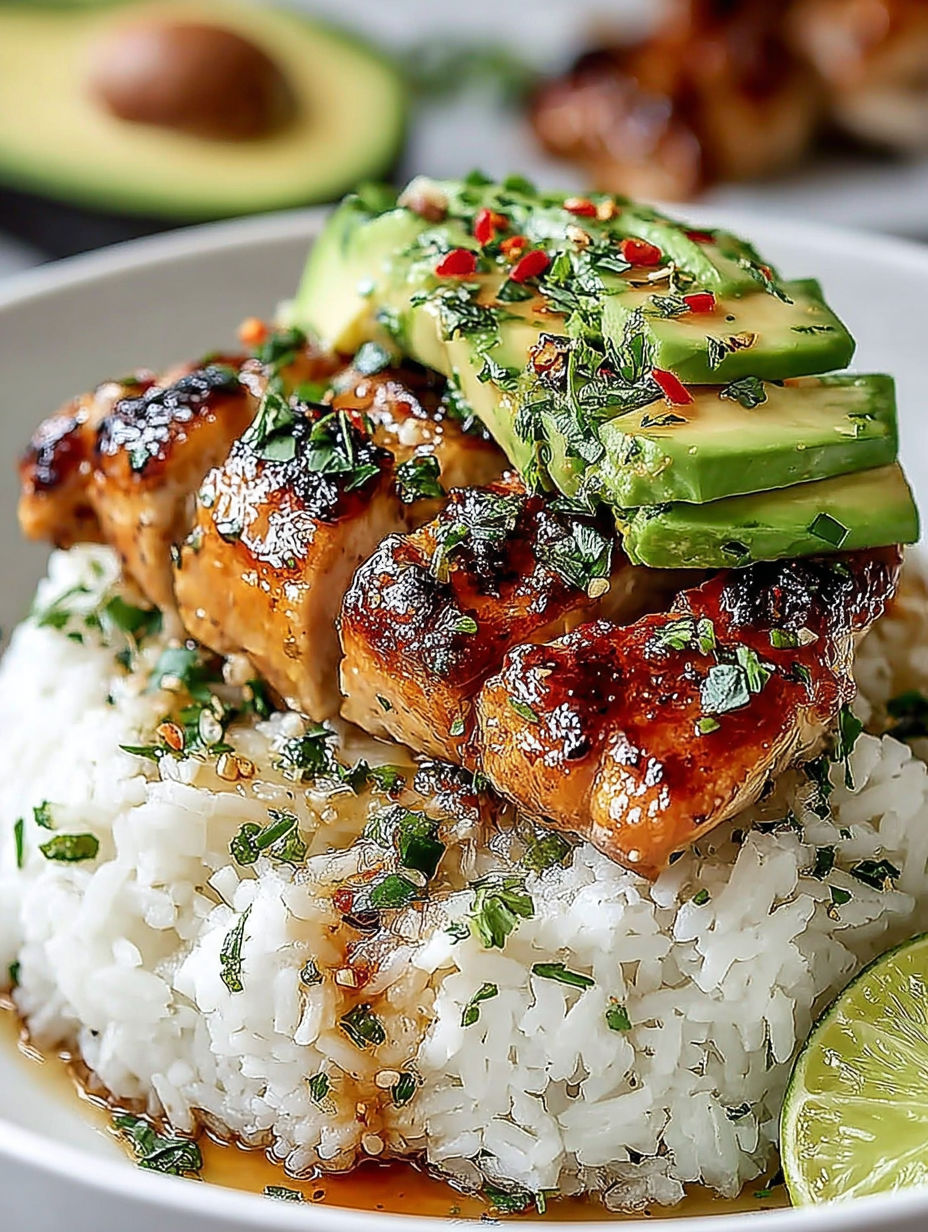 A plate of food with rice, chicken, and avocado.