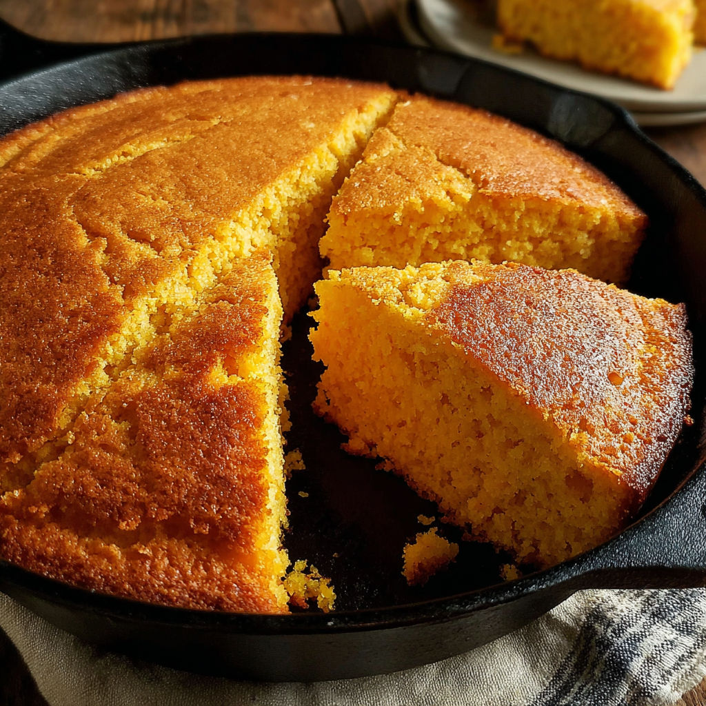 A pan of cornbread with a slice missing.