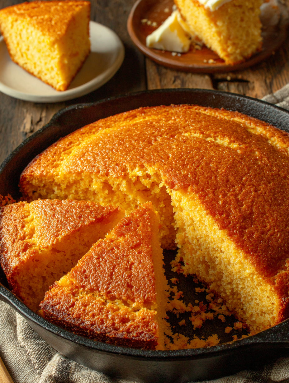 A pan of cornbread with a slice missing.
