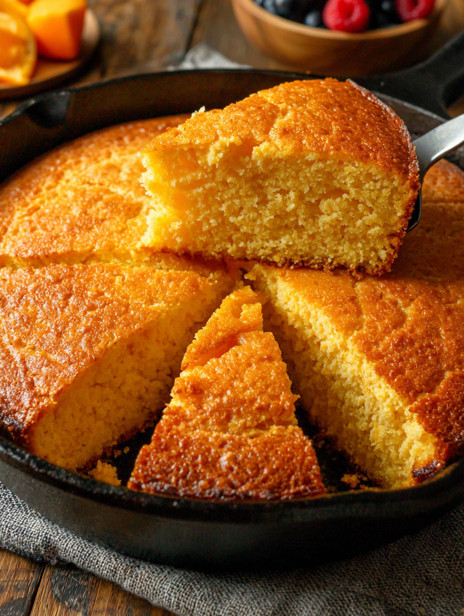 A slice of cornbread in a pan.
