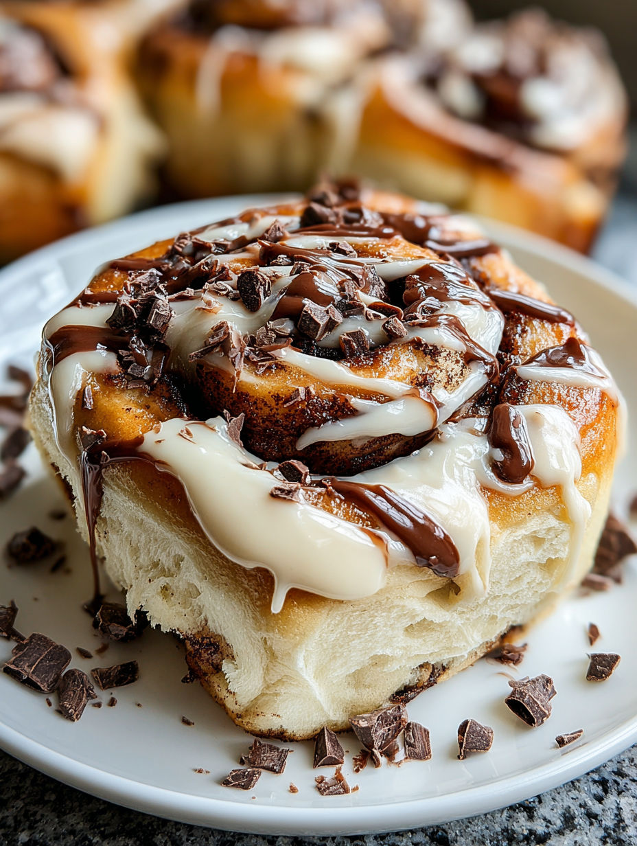 A plate of chocolate cinnamon rolls with espresso cream.