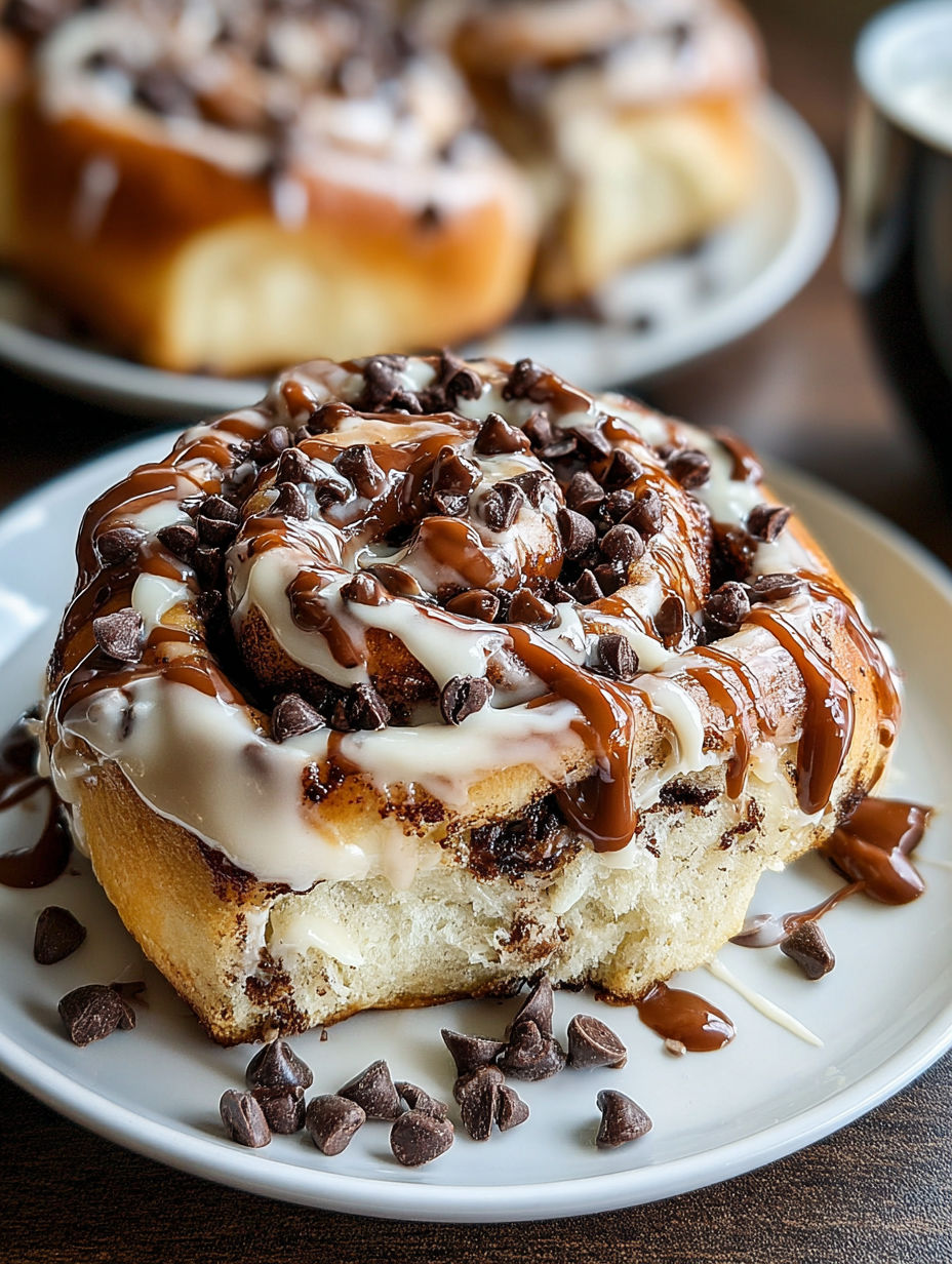 A plate of chocolate cinnamon rolls with espresso cream.