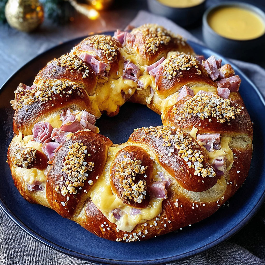 A plate of a ham and cheese stuffed pretzel wreath.