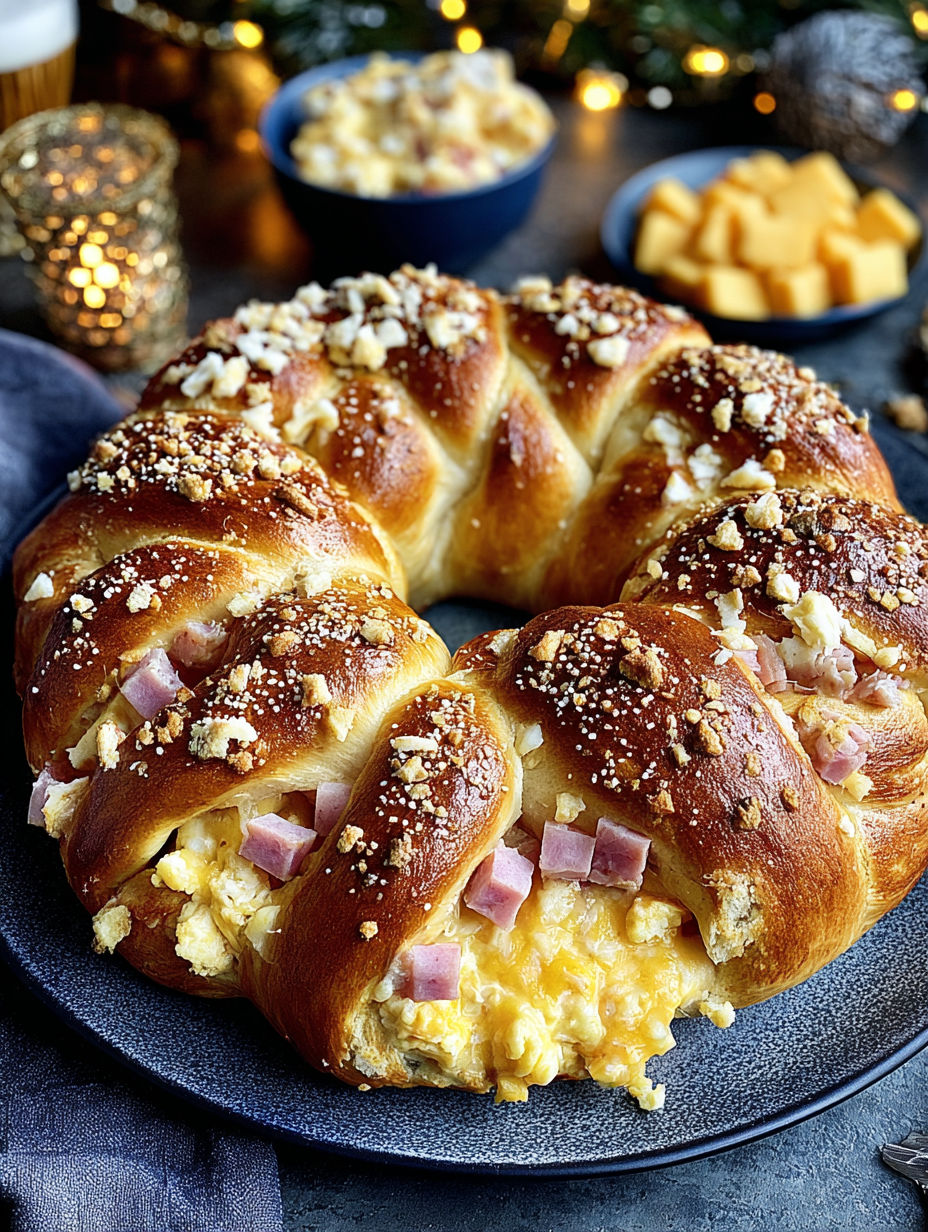 A bavarian ham and cheese stuffed pretzel wreath.