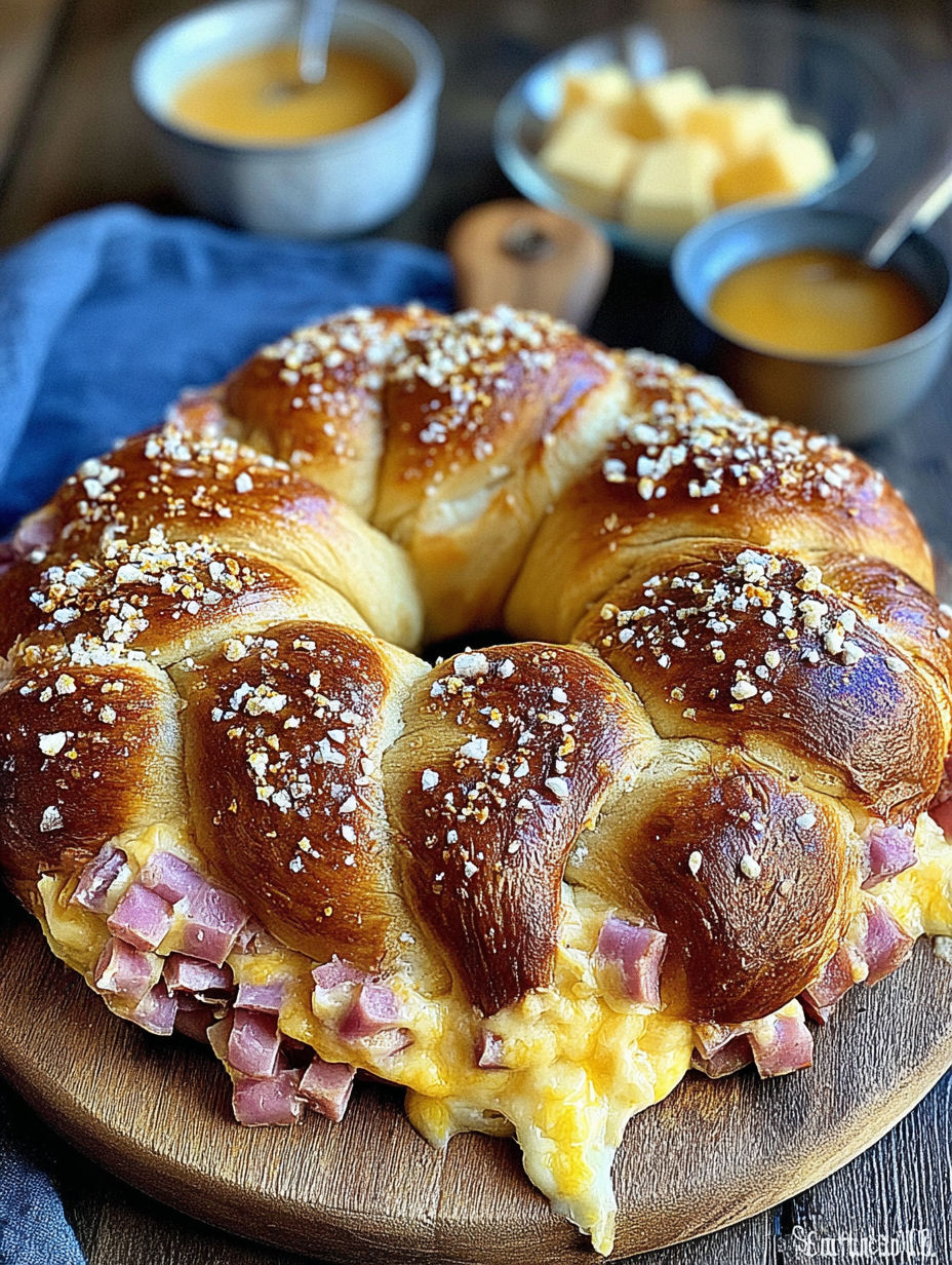 A close up of a bavarian ham and cheese stuffed pretzel wreath.