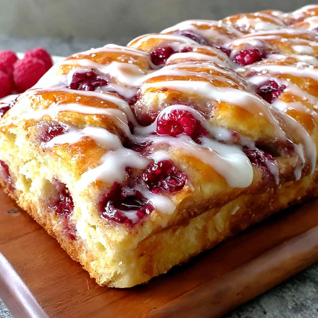 A homemade jam donut focaccia on a wooden cutting board.