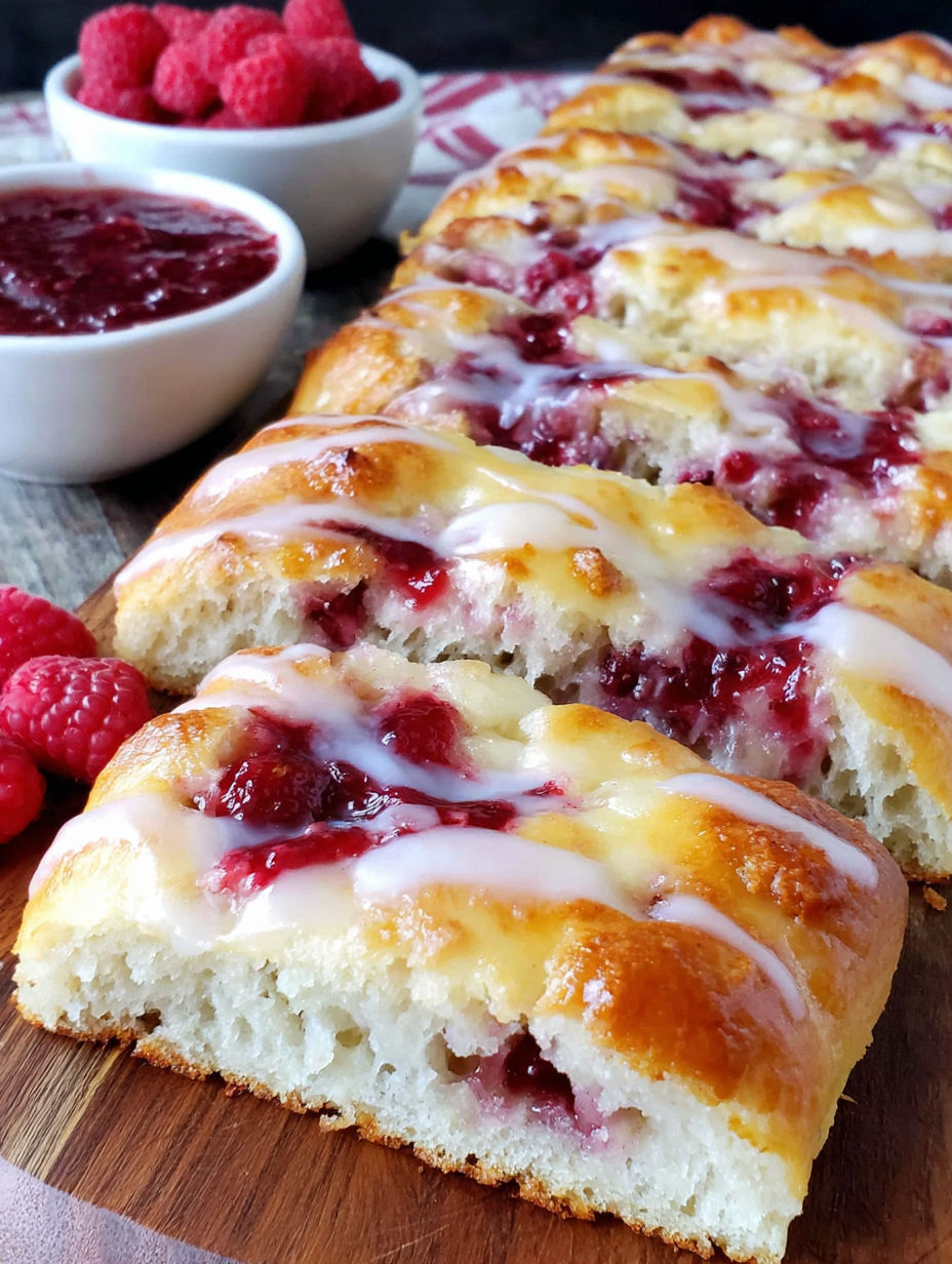 A homemade jam donut focaccia with white frosting and red raspberries.