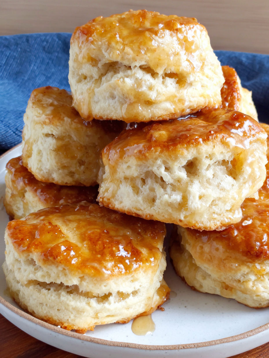 A stack of biscuits with a honey glaze.