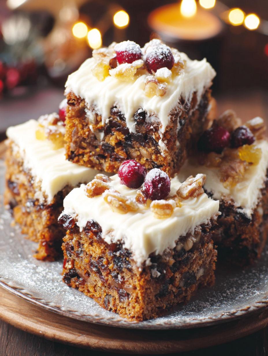 A stack of cakes with white frosting and cranberries on top.