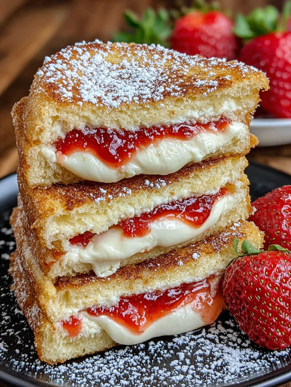 A stack of three fried strawberry cheesecake sandwiches.
