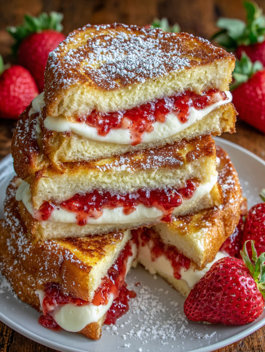 A stack of fried strawberry cheesecake sandwiches.