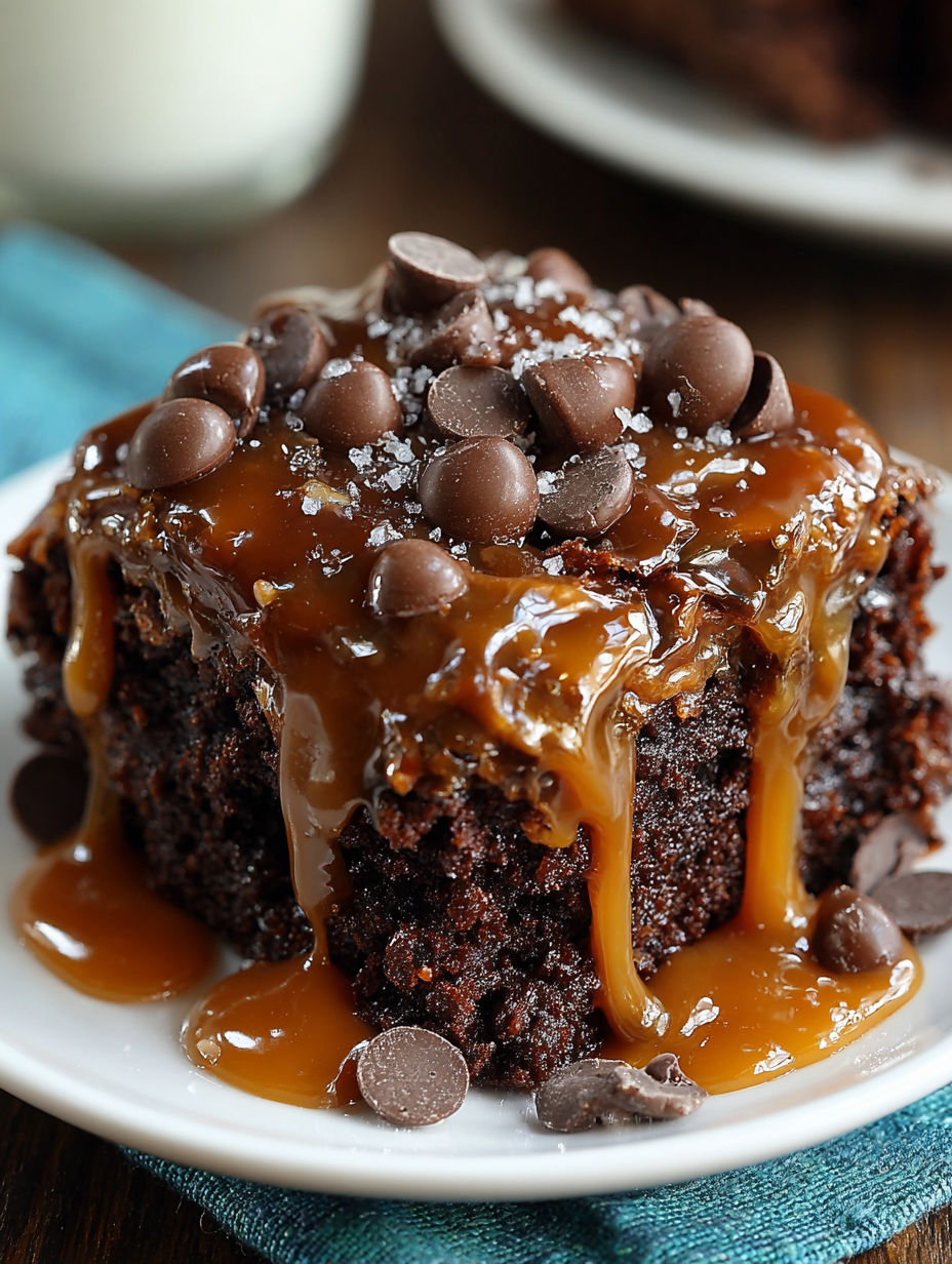 A slice of chocolate caramel dump cake.