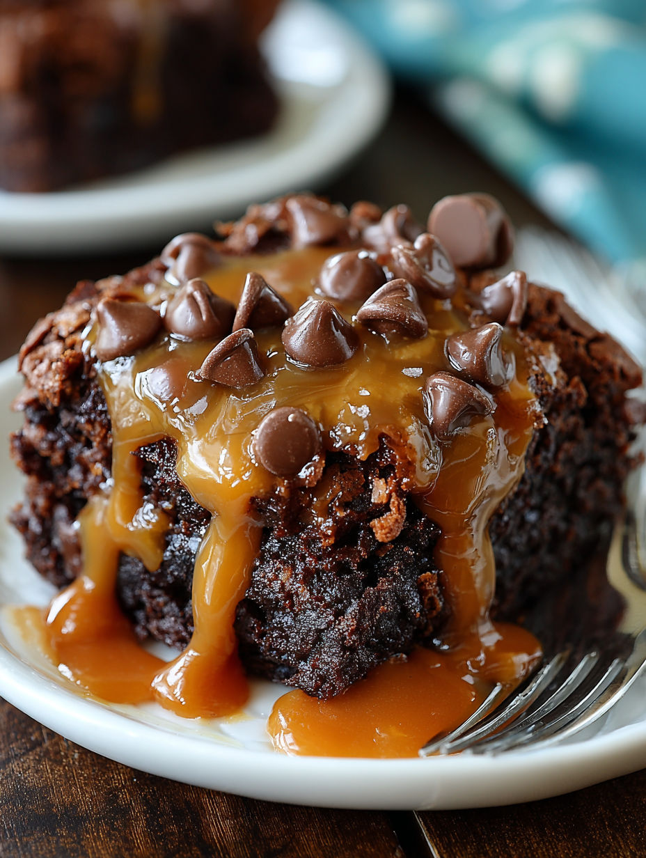 A chocolate caramel dump cake with chocolate drizzle.