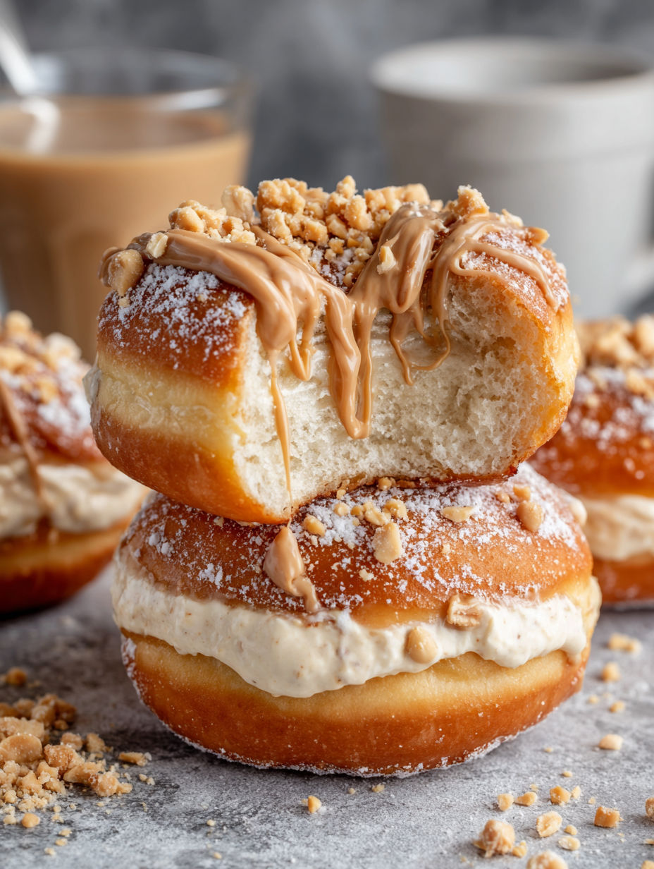 Peanut butter cheesecake donuts with chocolate drizzle.