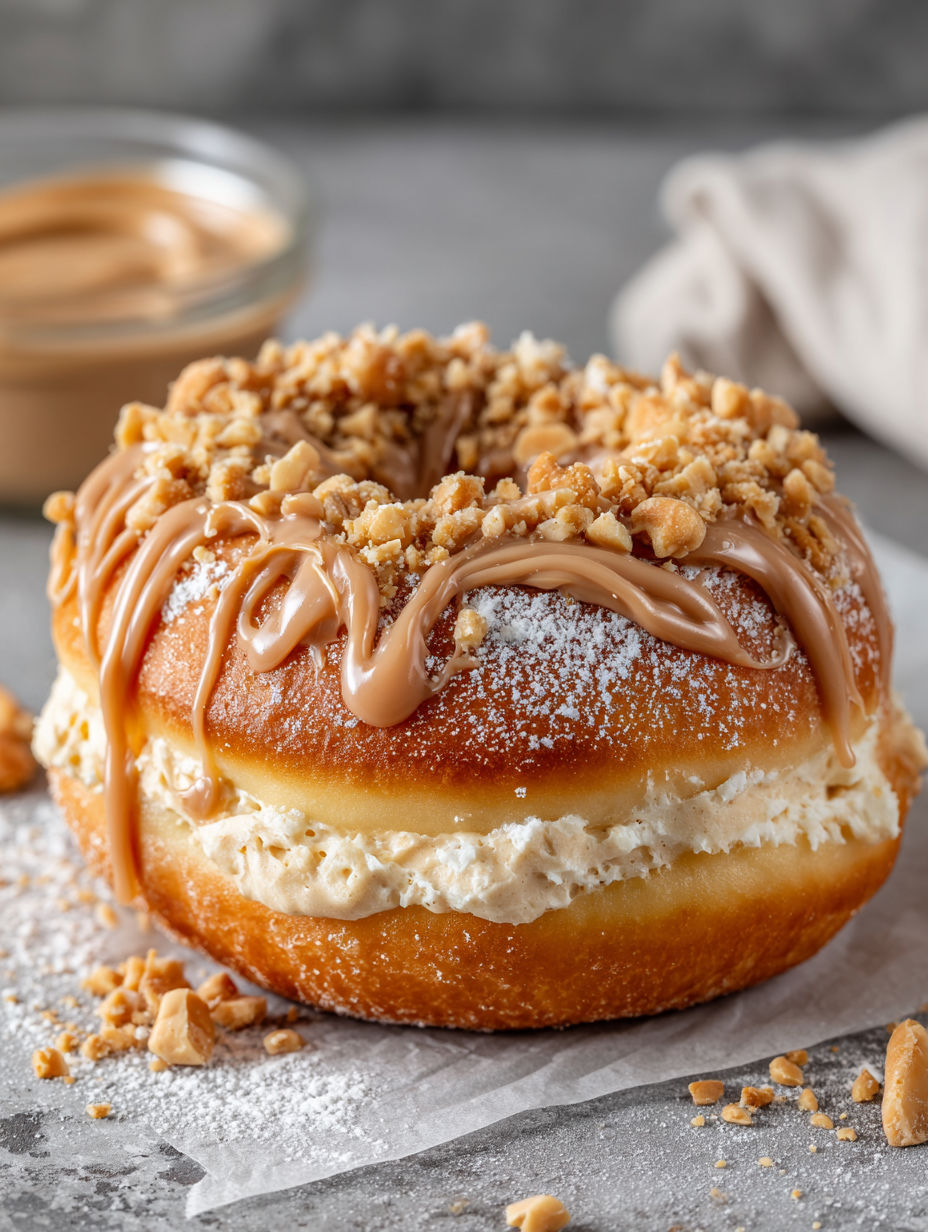 A peanut butter cheesecake donut with chocolate drizzle.