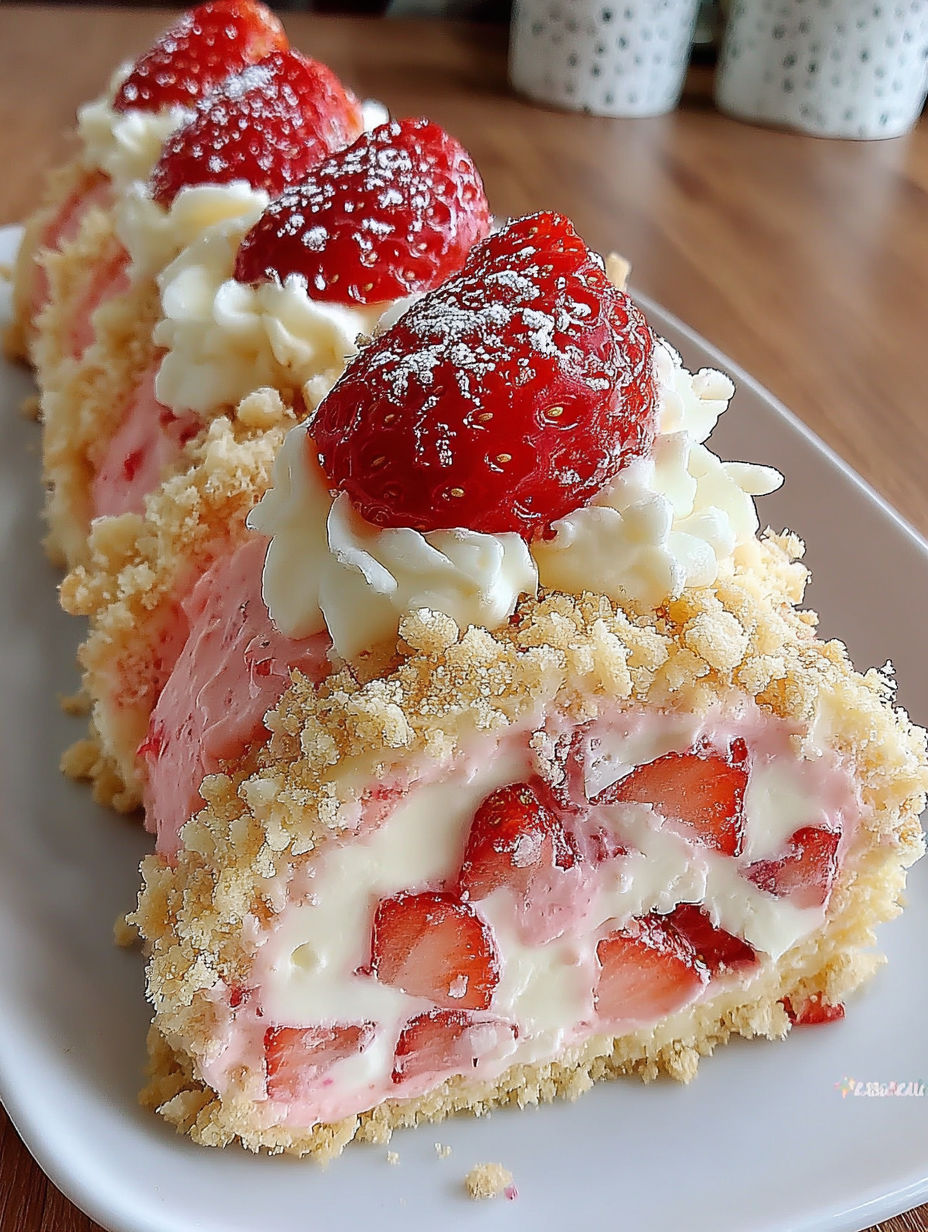 A slice of strawberry shortcake cheesecake rolls.