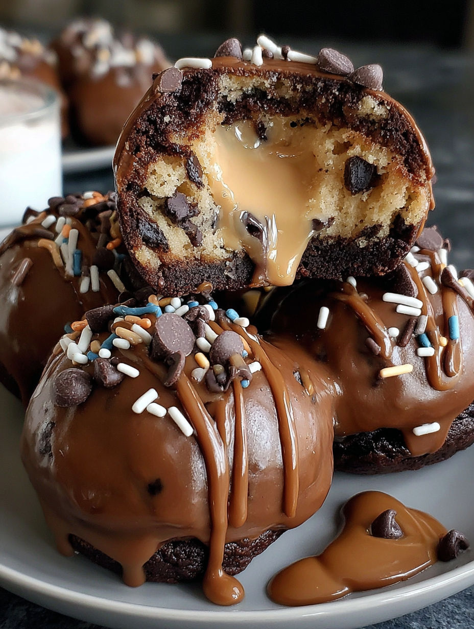 Chocolate chip cookie brownie bombs with chocolate drizzle.