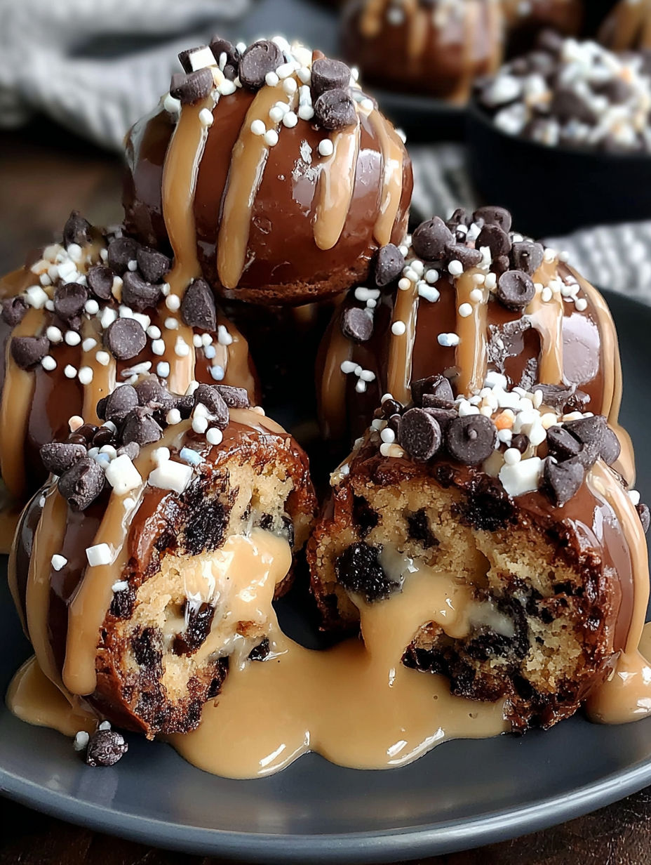 Chocolate chip cookie brownie bombs with caramel drizzle.
