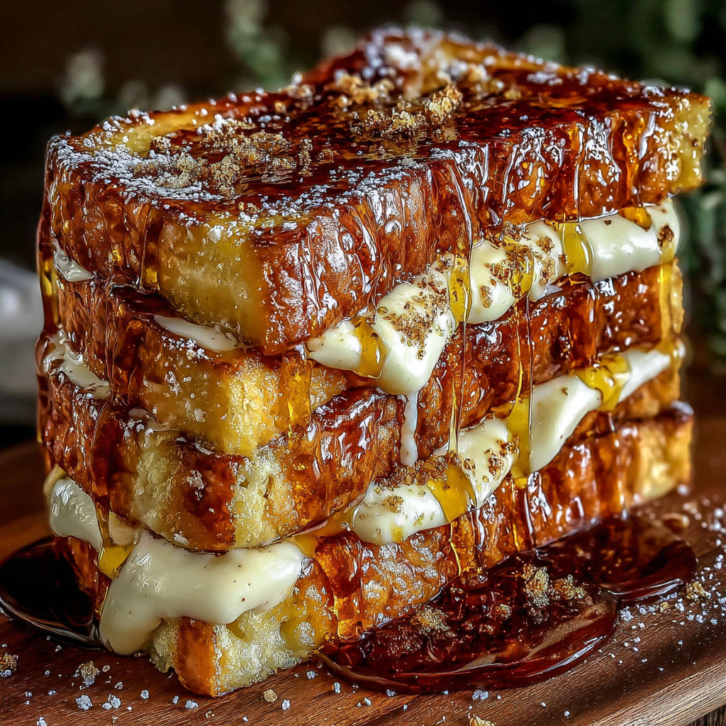 A stack of French toast with a caramel sauce drizzle.