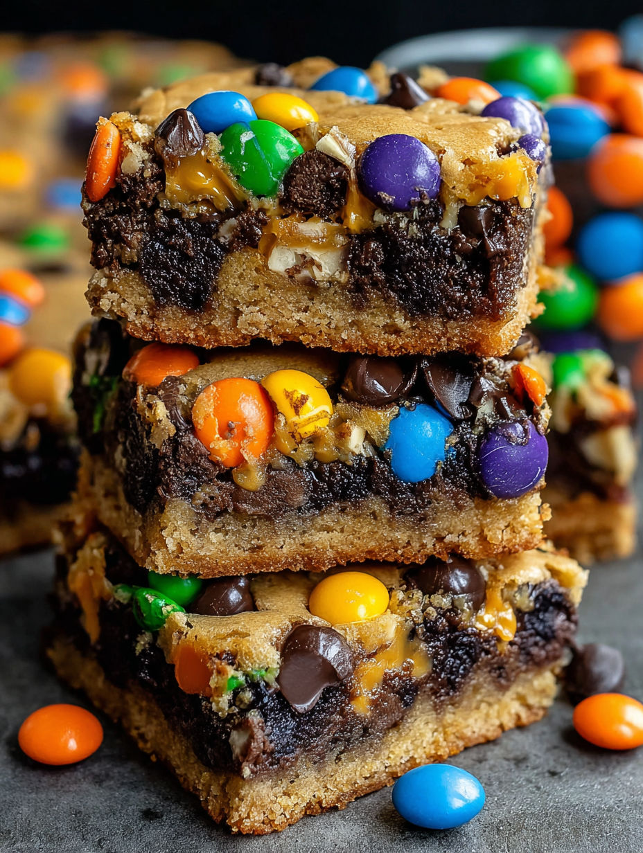 A stack of three chocolate chip and peanut butter cookie bars.