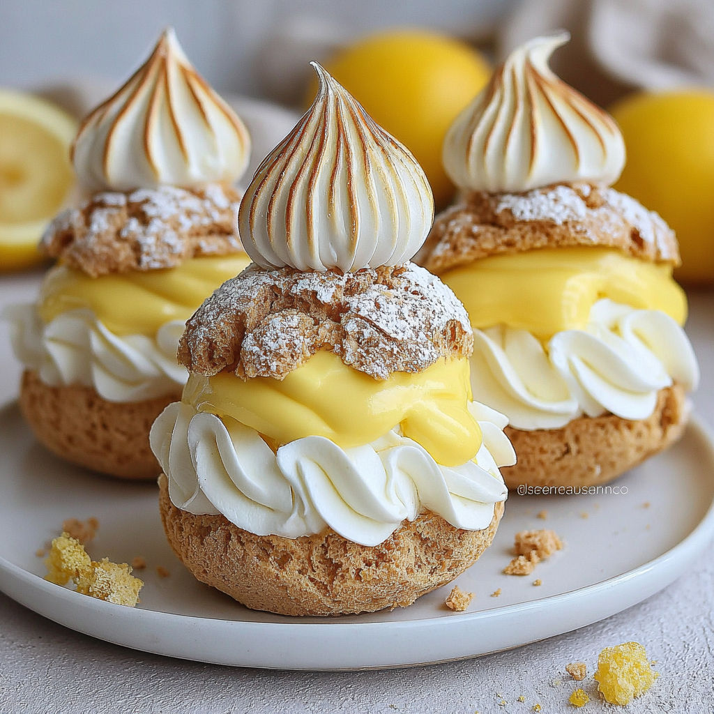 Three zesty lemon cream puffs on a plate.