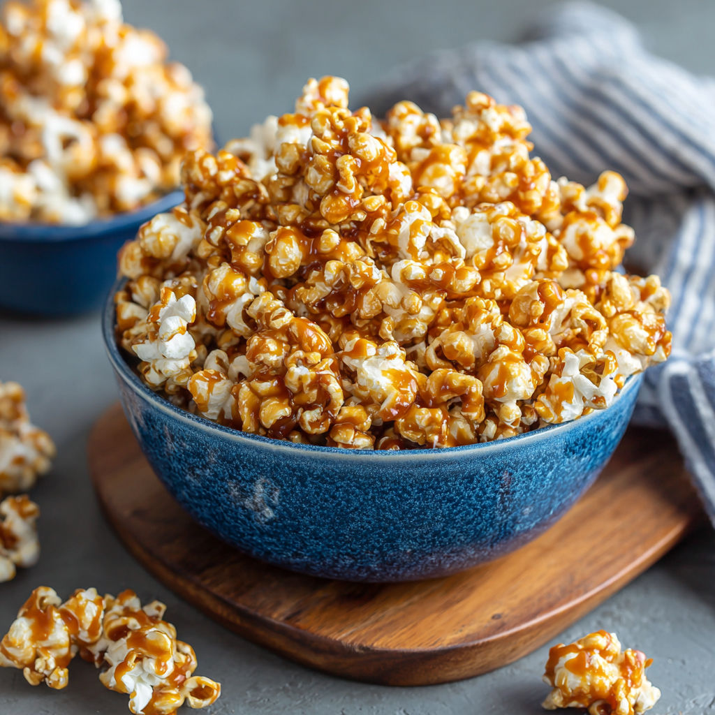 A bowl of popcorn with caramel drizzle.