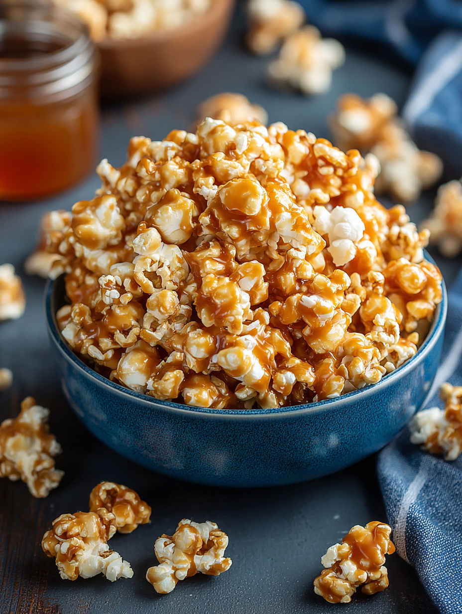 A bowl of popcorn with caramel sauce and no corn syrup.