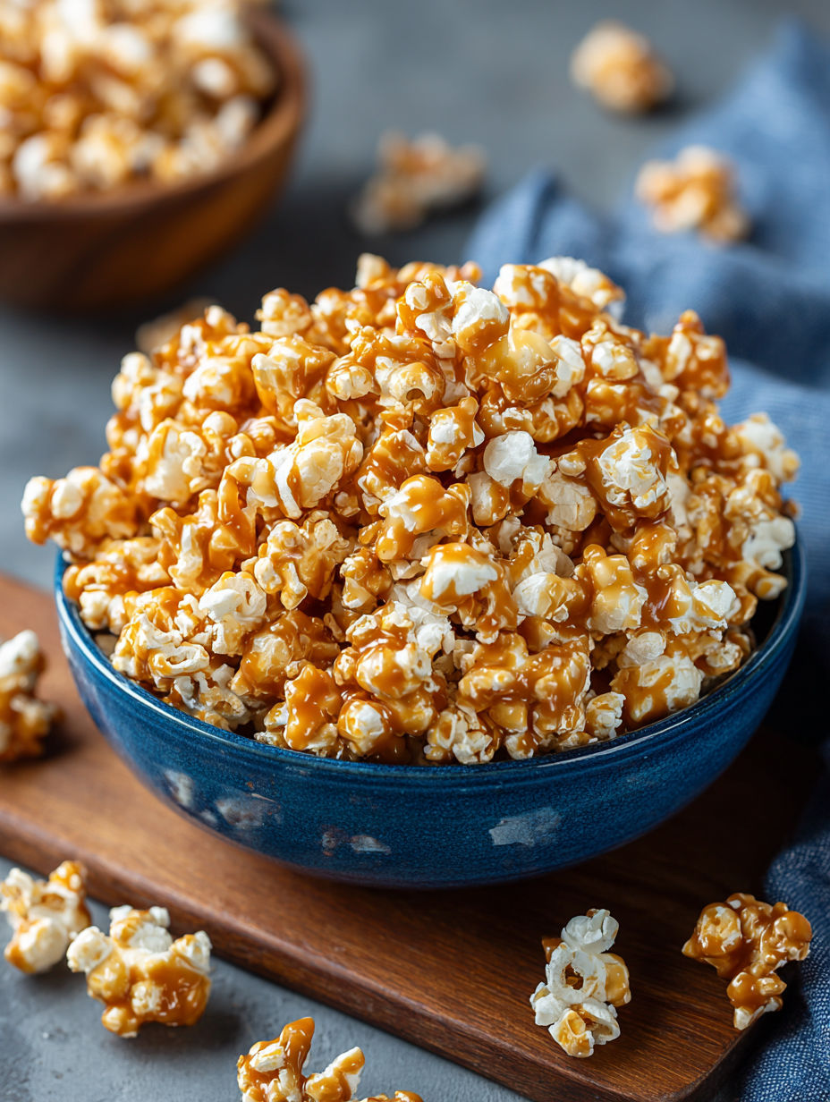 A bowl of popcorn with caramel sauce.