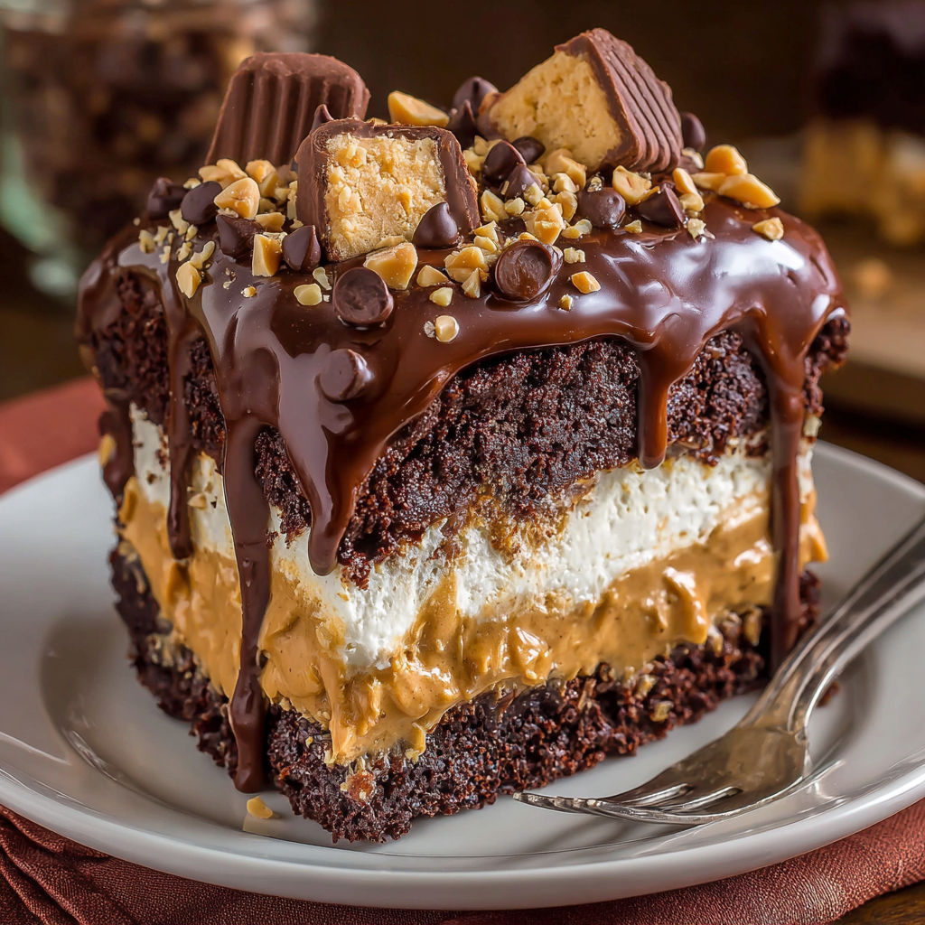 A slice of gooey chocolate peanut butter cake.