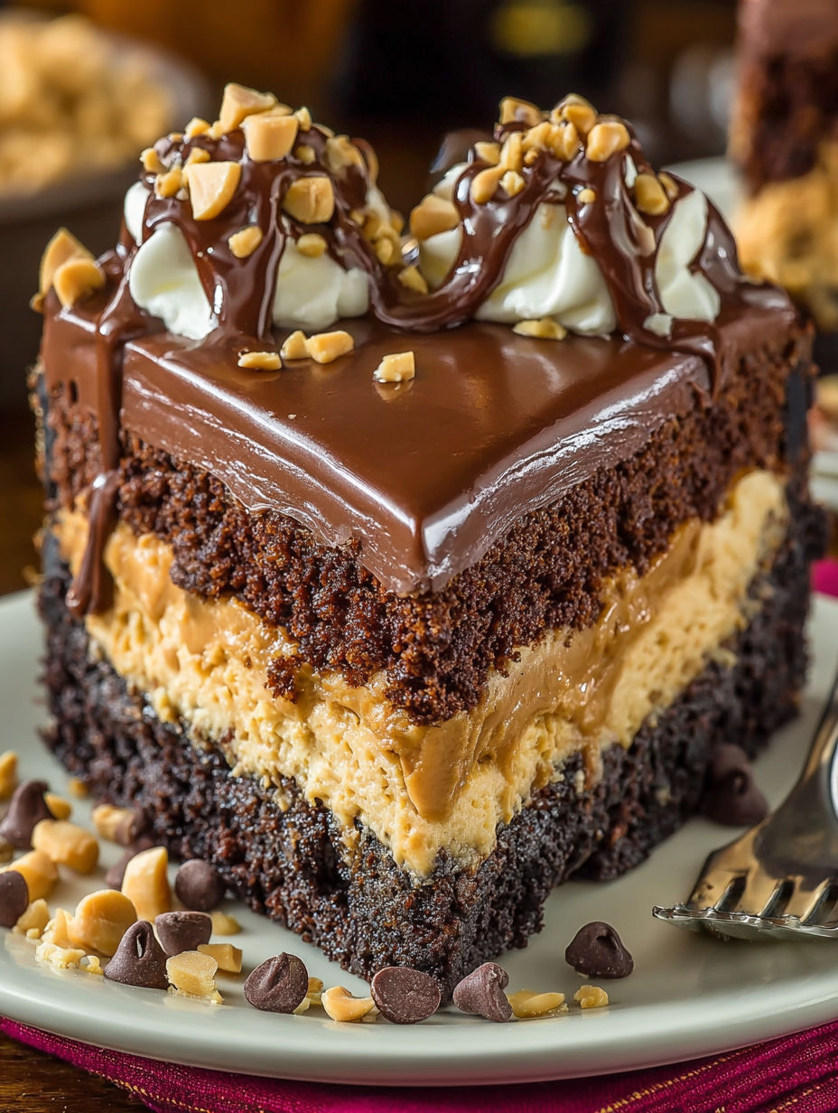 A slice of chocolate peanut butter cake.