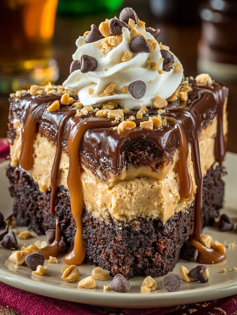 A slice of gooey chocolate peanut butter cake.