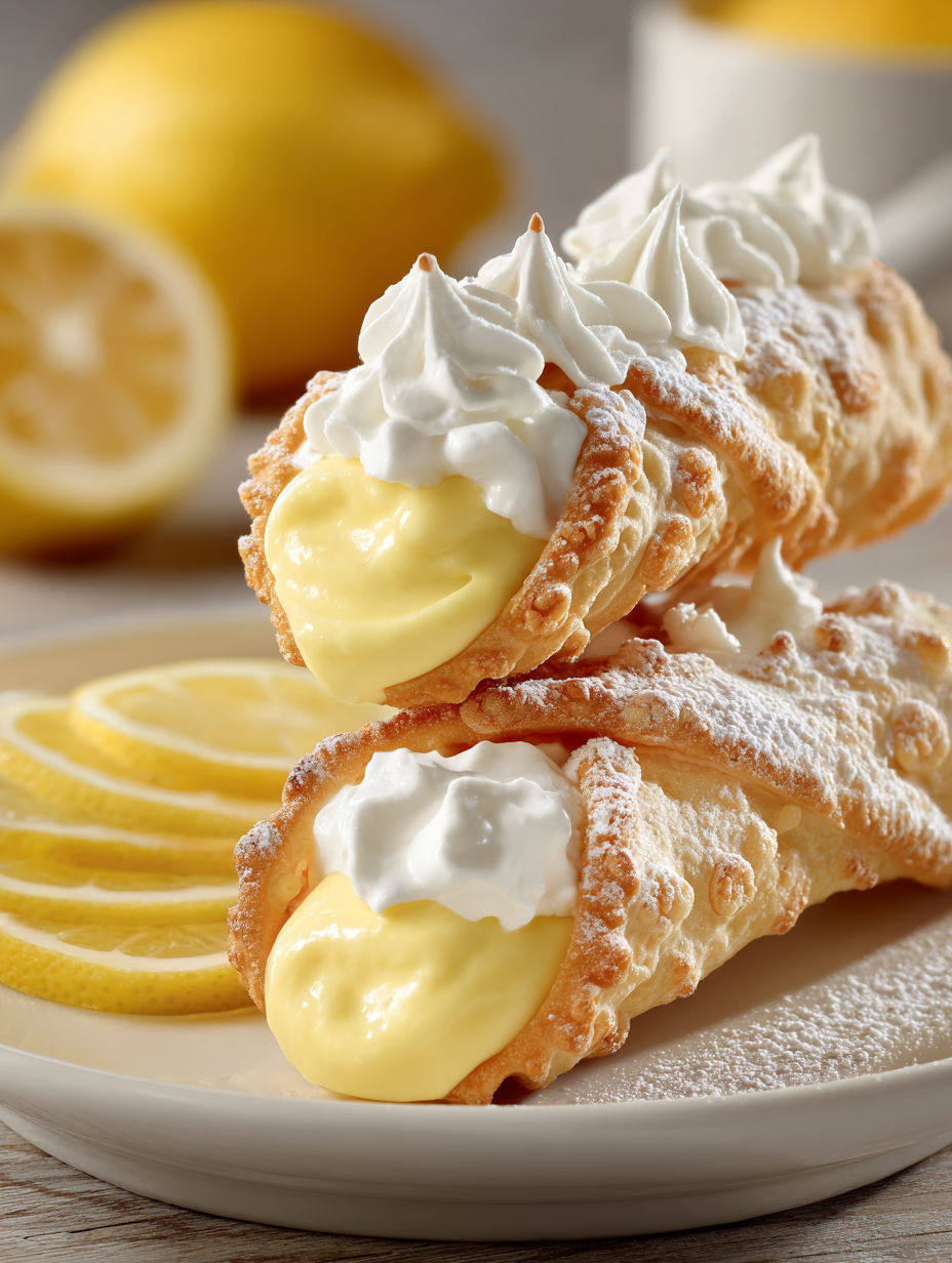 A plate of cannoli with lemon meringue filling.