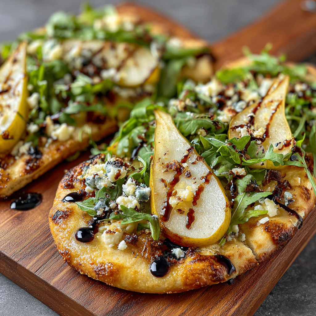 A gorgonzola pear flatbread on a wooden cutting board.