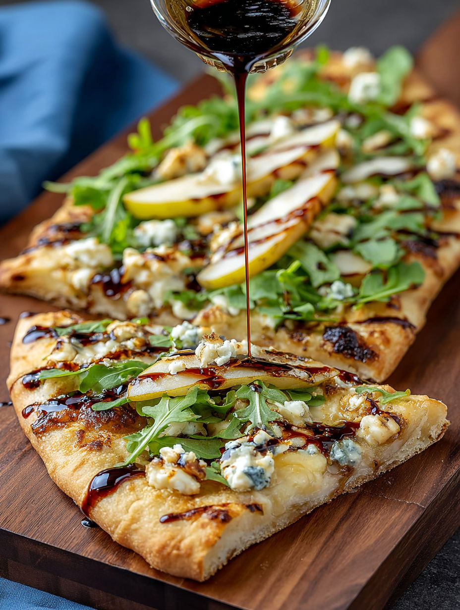 A gorgonzola pear flatbread with sauce drizzled on top.