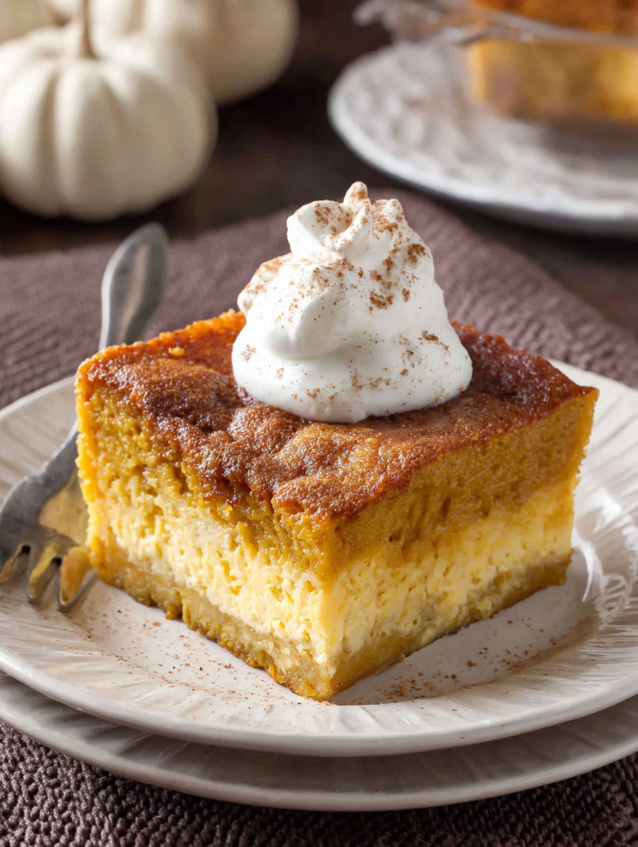 A slice of pumpkin gooey butter cake with whipped cream on top.