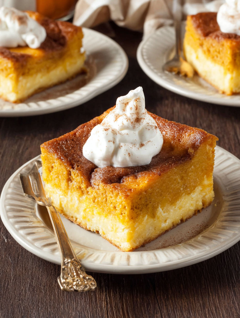 A slice of pumpkin gooey butter cake with whipped cream on top.