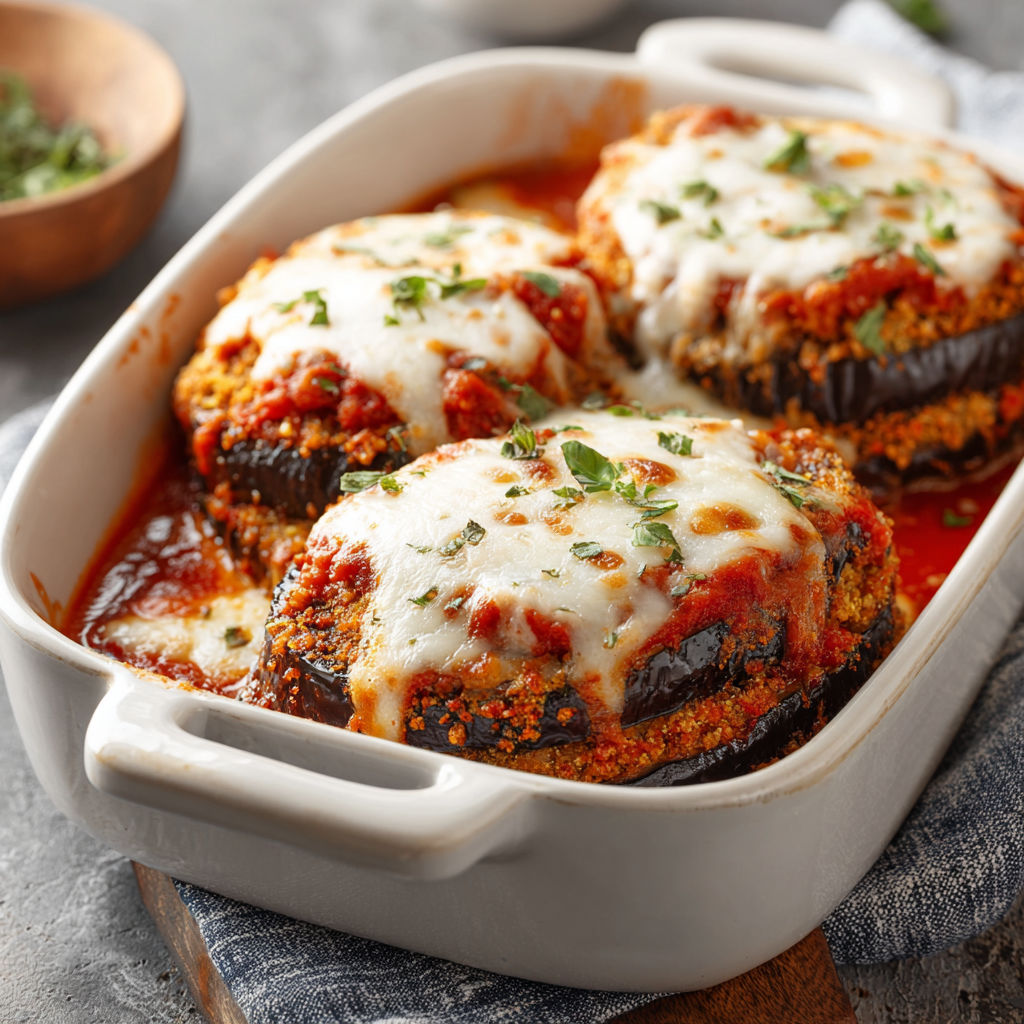 A white bowl filled with eggplant parmesan.