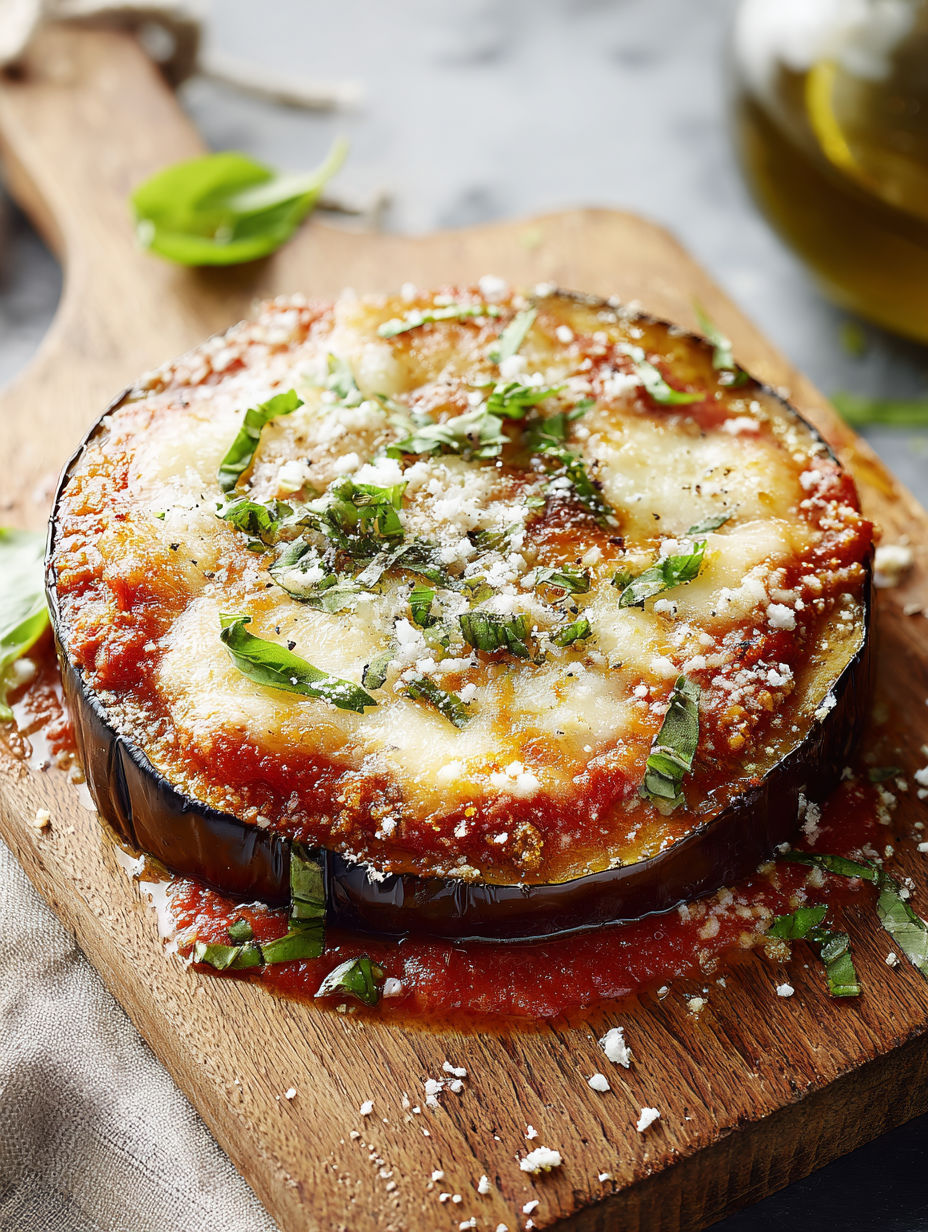 A vegan eggplant parmesan on a wooden cutting board.