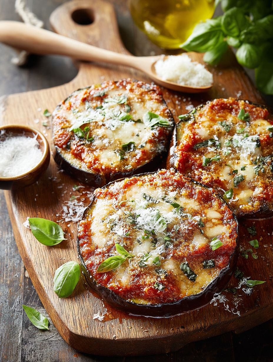 Two slices of vegan eggplant parmesan.