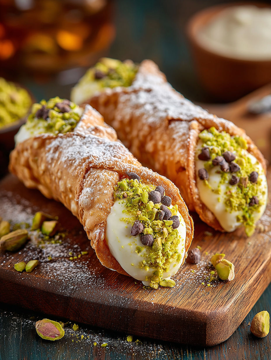 A close up of a cannoli with white cream and pistachio toppings.
