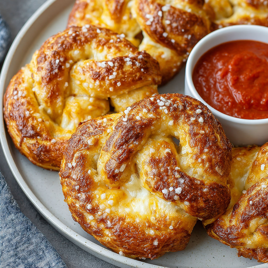Mozzarella stuffed pretzels on a plate.