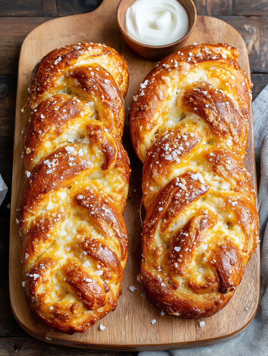 Two mozzarella stuffed pretzels on a wooden board.