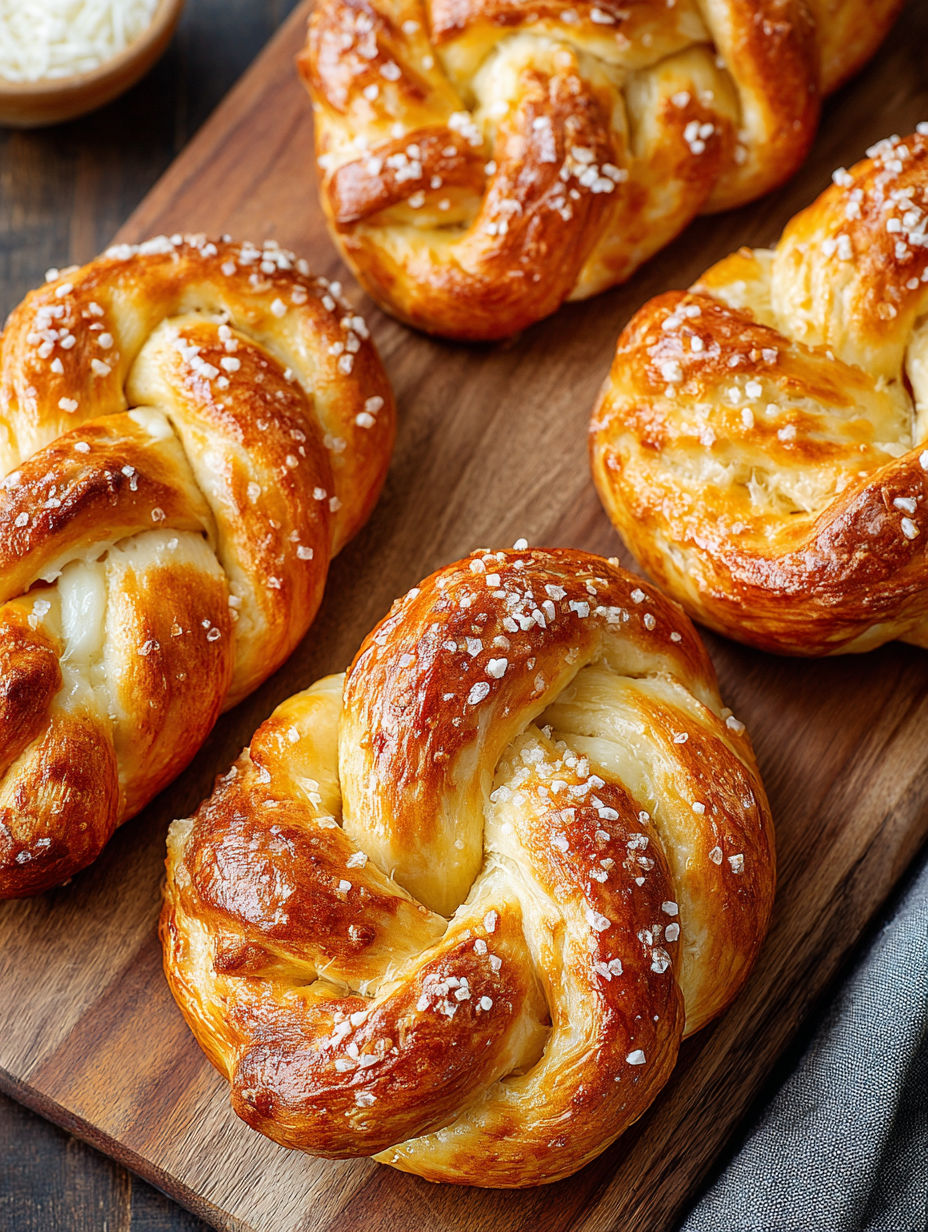 Mozzarella stuffed pretzels on a wooden board.