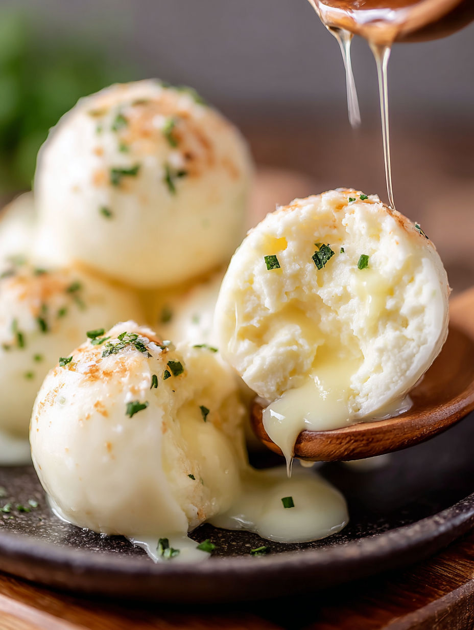 A bowl of egg white bites with sauce drizzled on top.