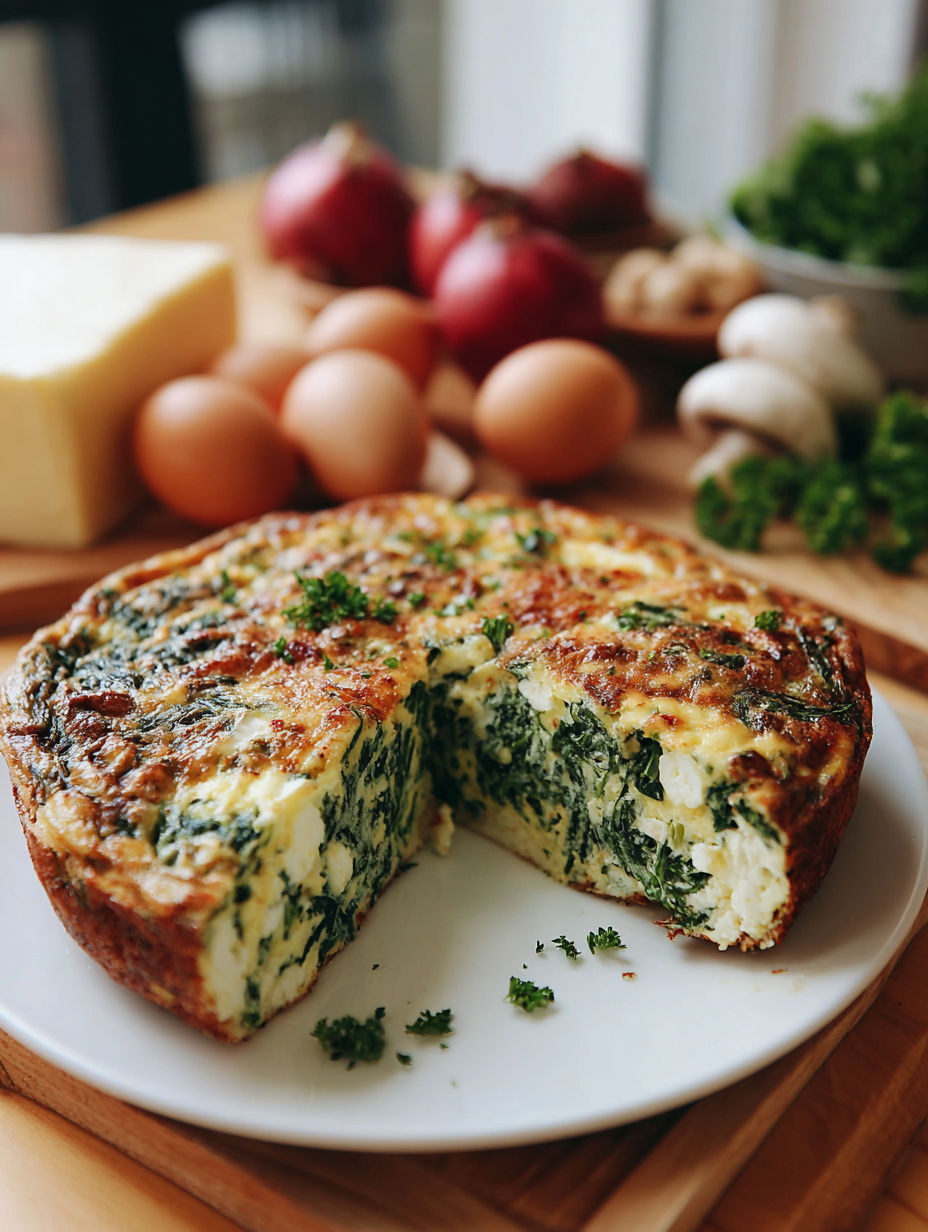 A slice of a spinach and egg bake on a plate.