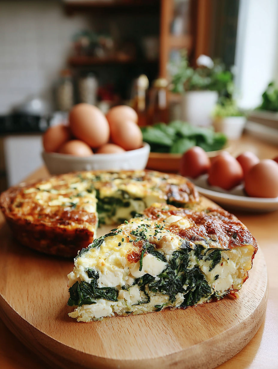 A slice of spinach egg bake on a wooden cutting board.