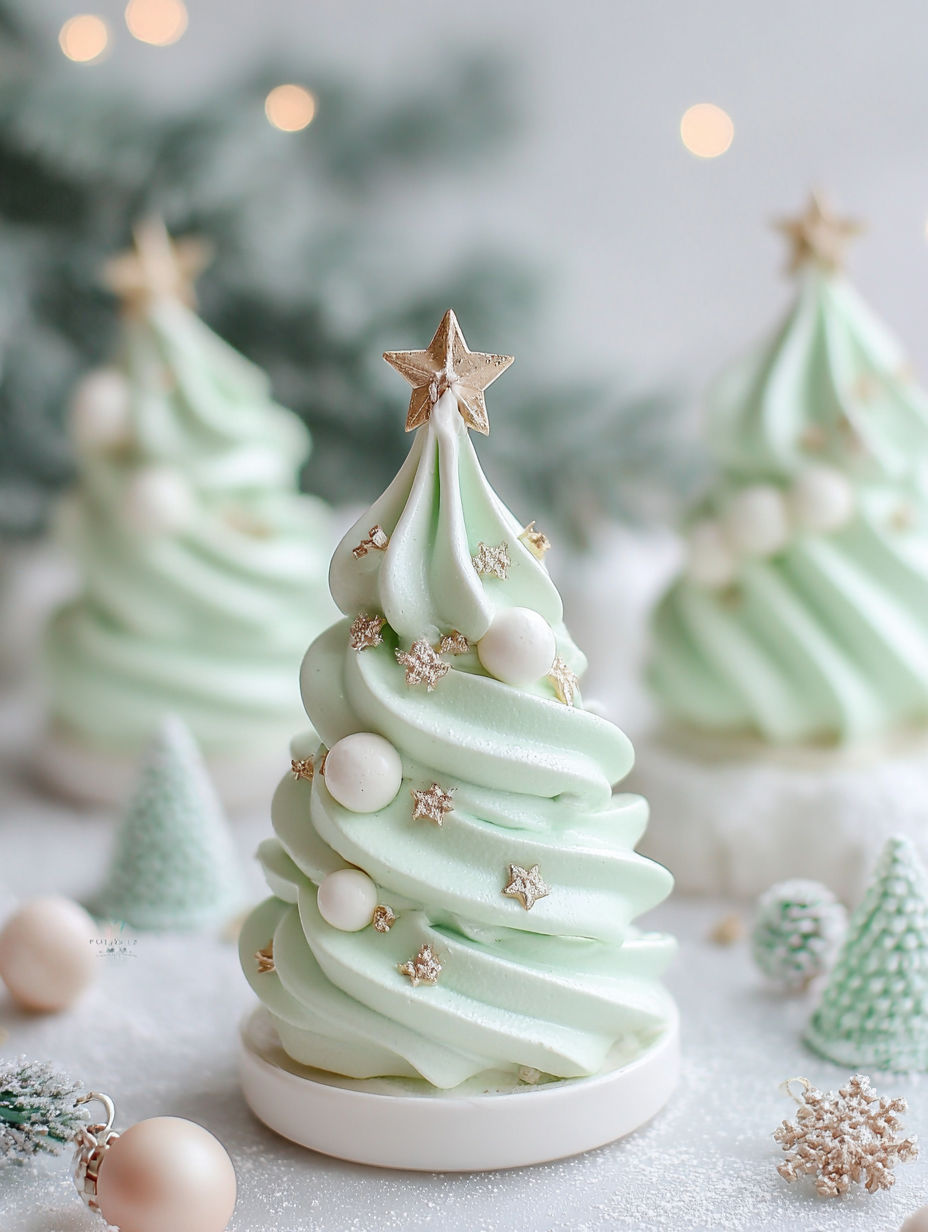 A green Christmas tree shaped meringue.