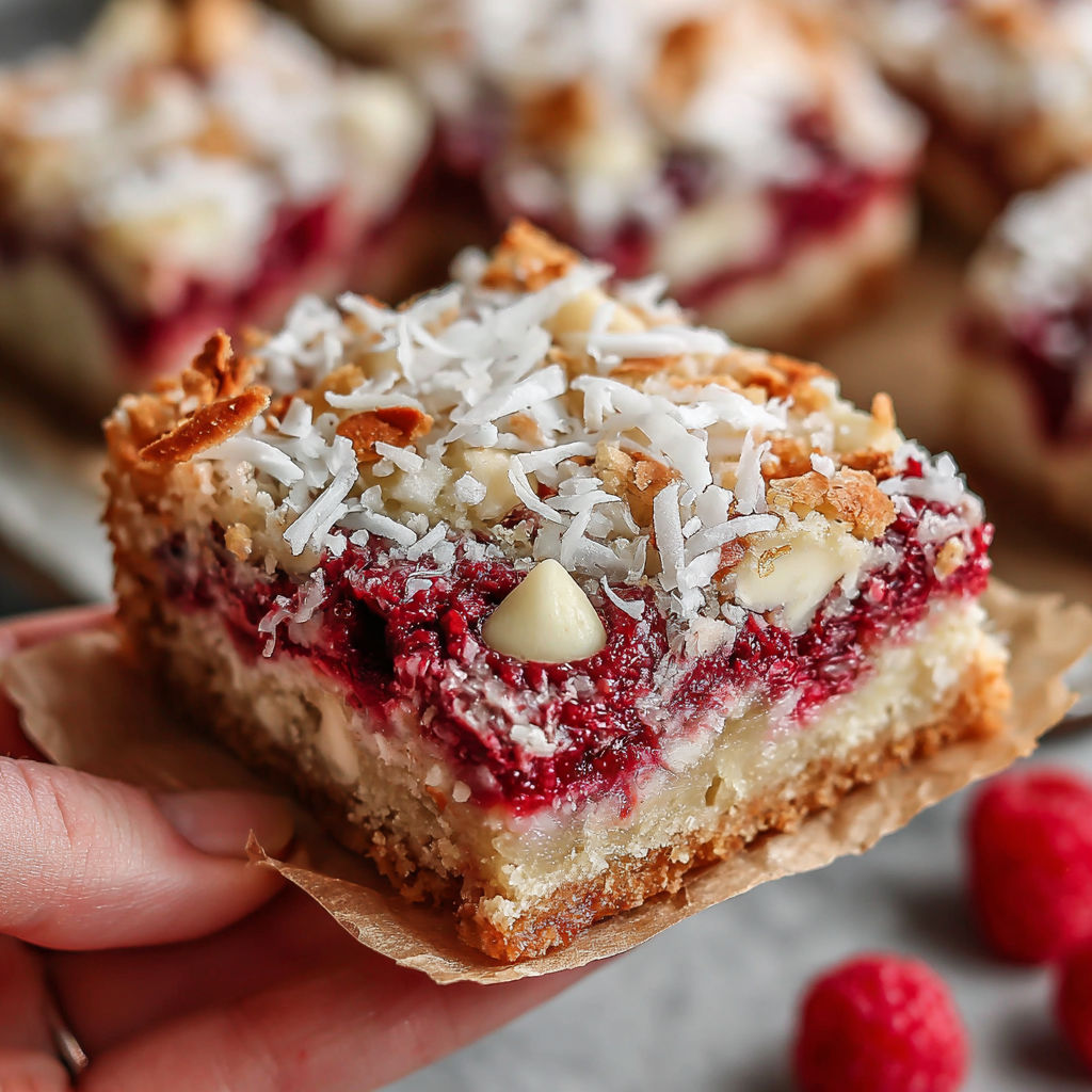 A slice of raspberry coconut magic bars.